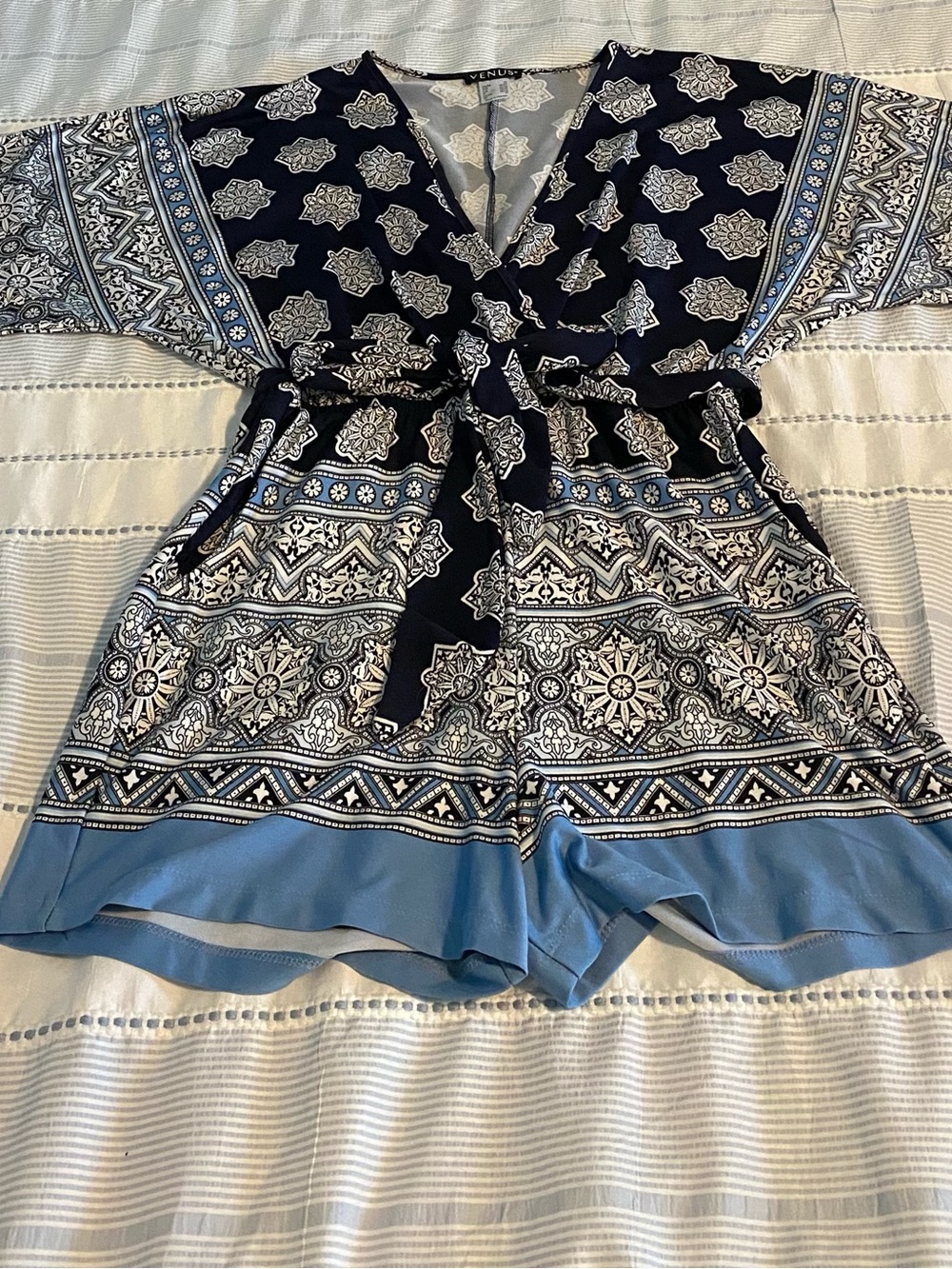 VENUS Navy and Light Blue Printed Romper